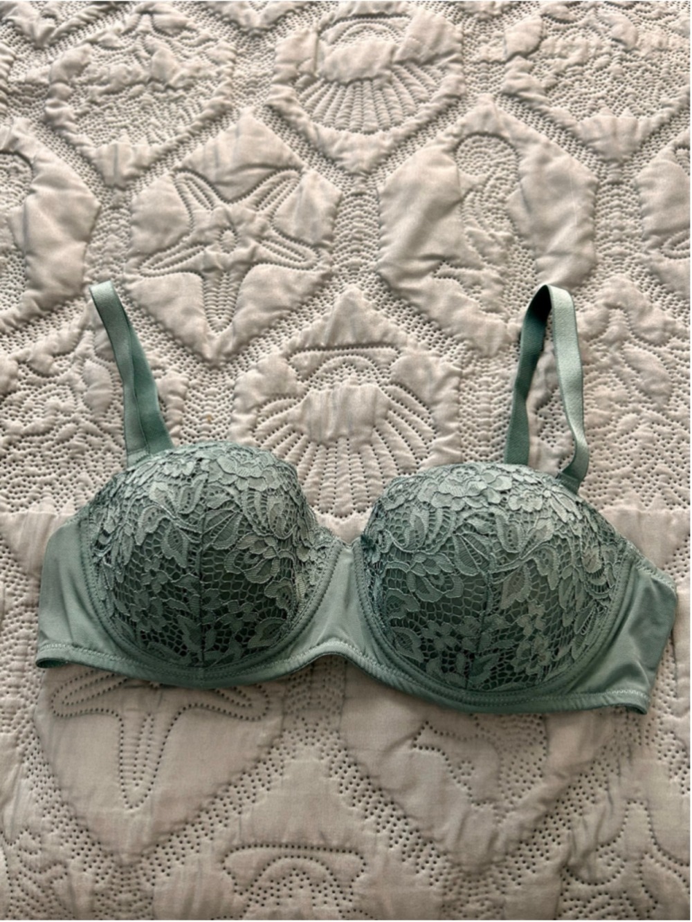 Goldenpoint Sage Green Lace Underwire Bra 38B Floral Scalloped